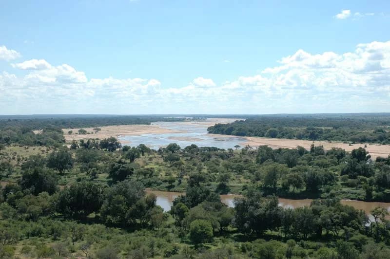 Broad river channels and sandbanks beyond a green wooded floodplain, Confluence viewing decks