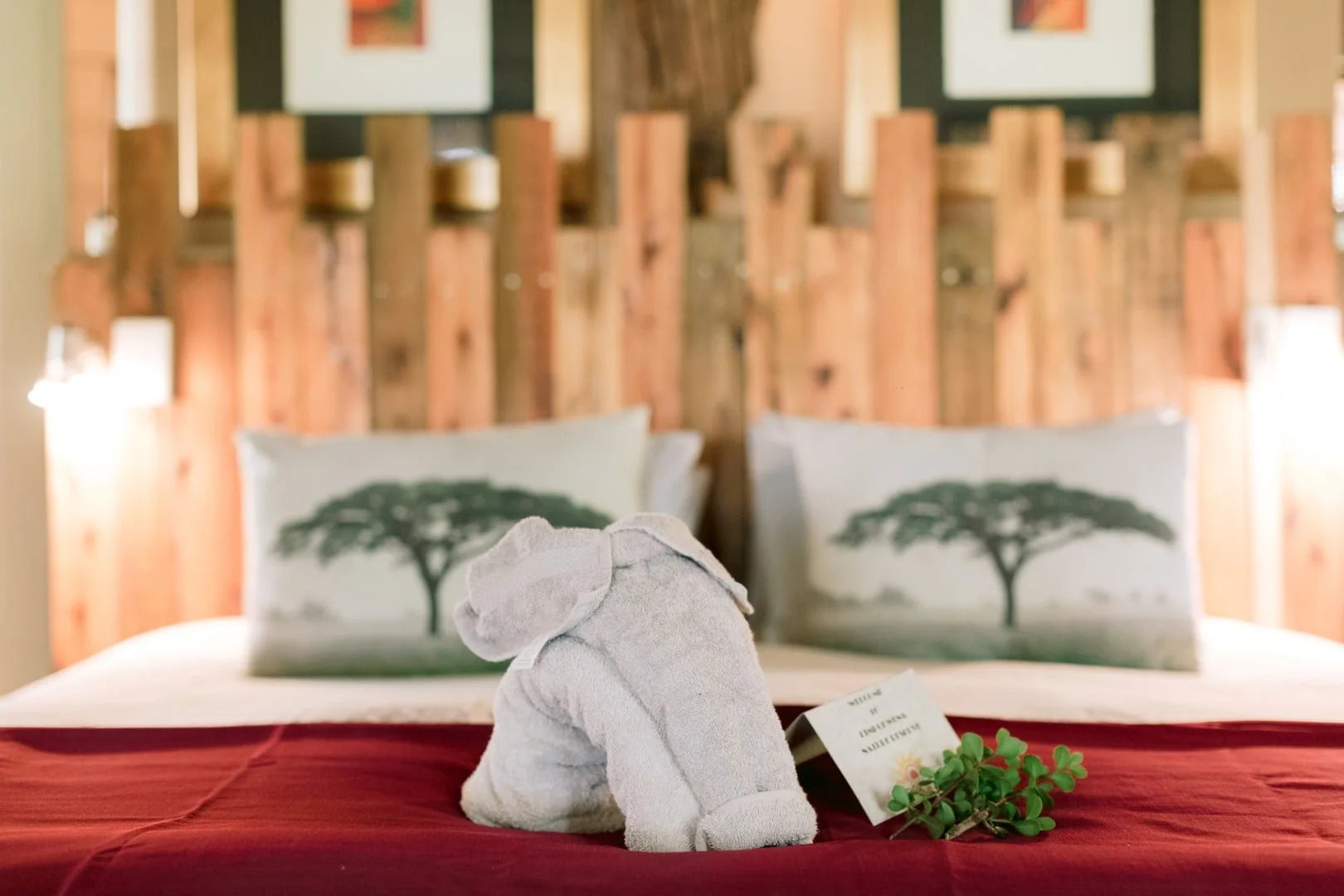 Folded towel sculpture on a bed beneath a net, Limpokwena reserve stays