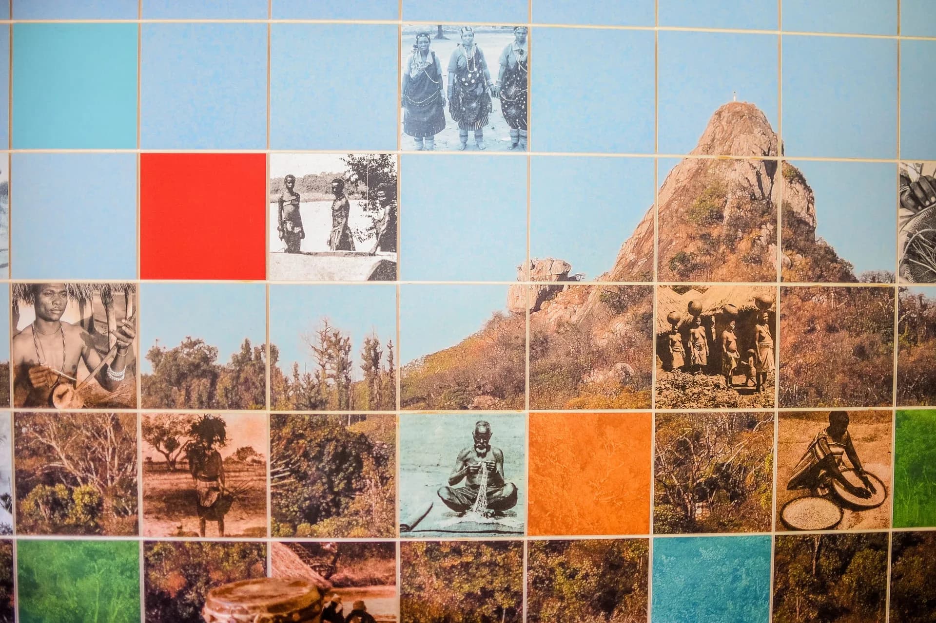 Wall display combining landscape and cultural photographs, Madi a Thavha Mountain Lodge