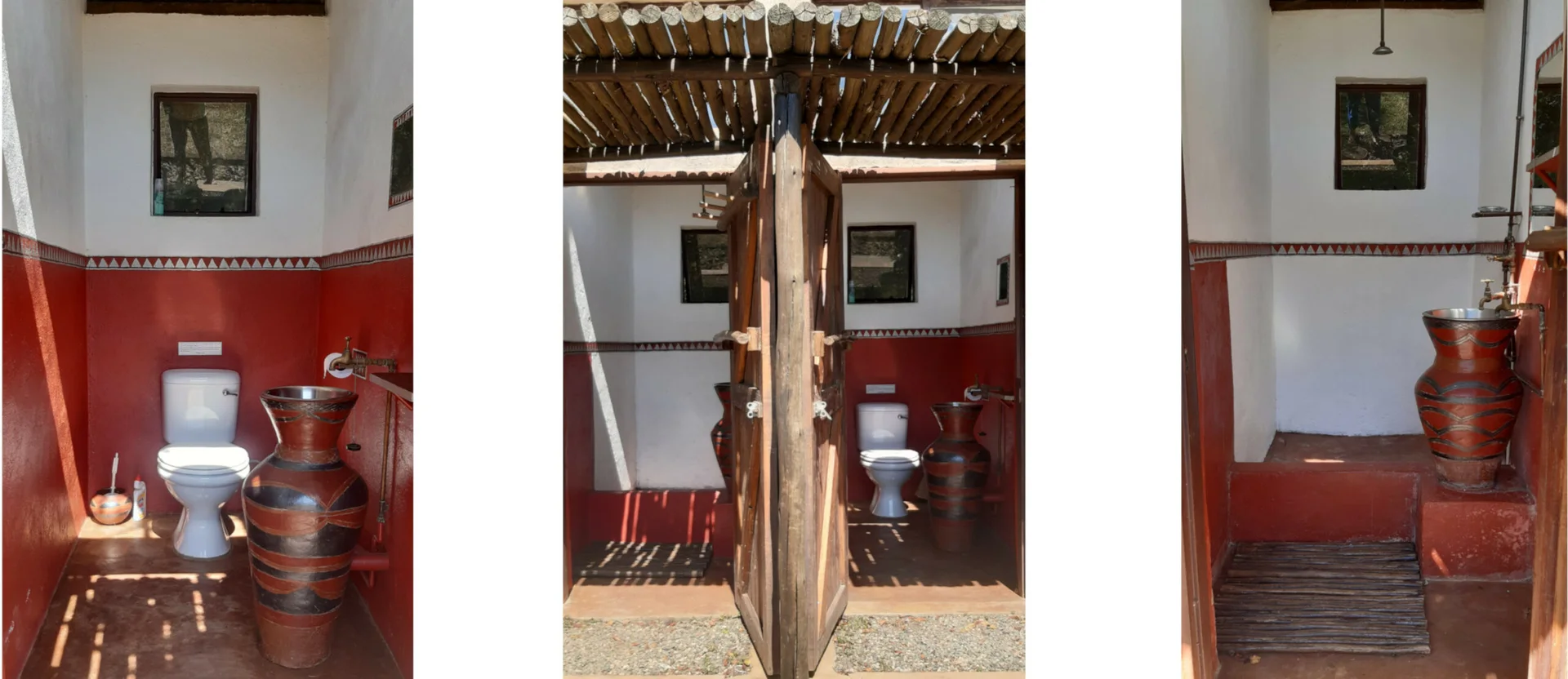 Collage showing ablution interiors, Zvakanaka cabins, cottages and camping
