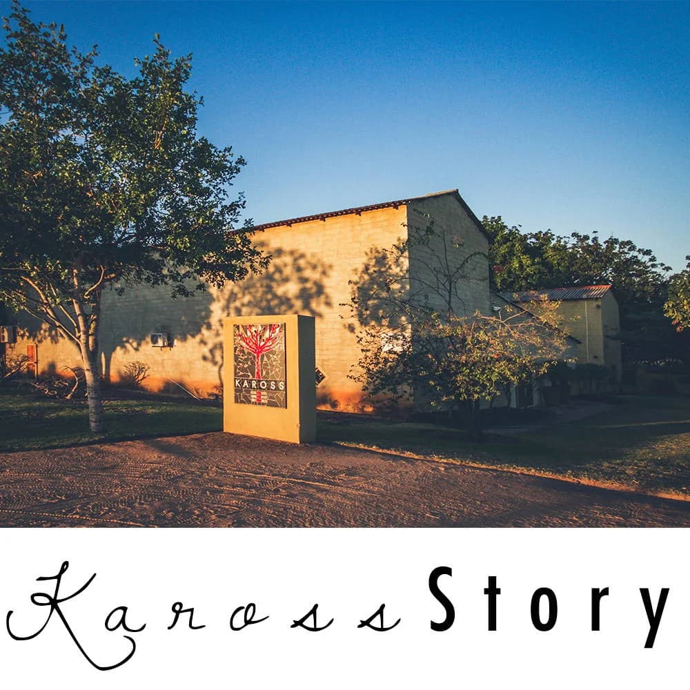 Warm-toned building framed by trees, with a Kaross Story text panel beneath, Kaross studio and café